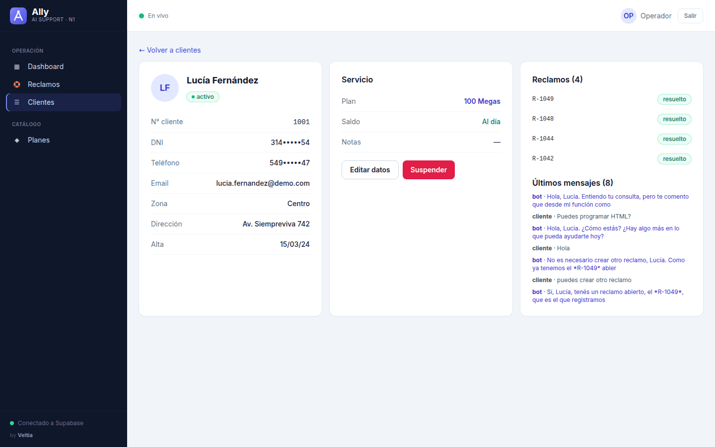 Ficha 360 de un cliente en Ally